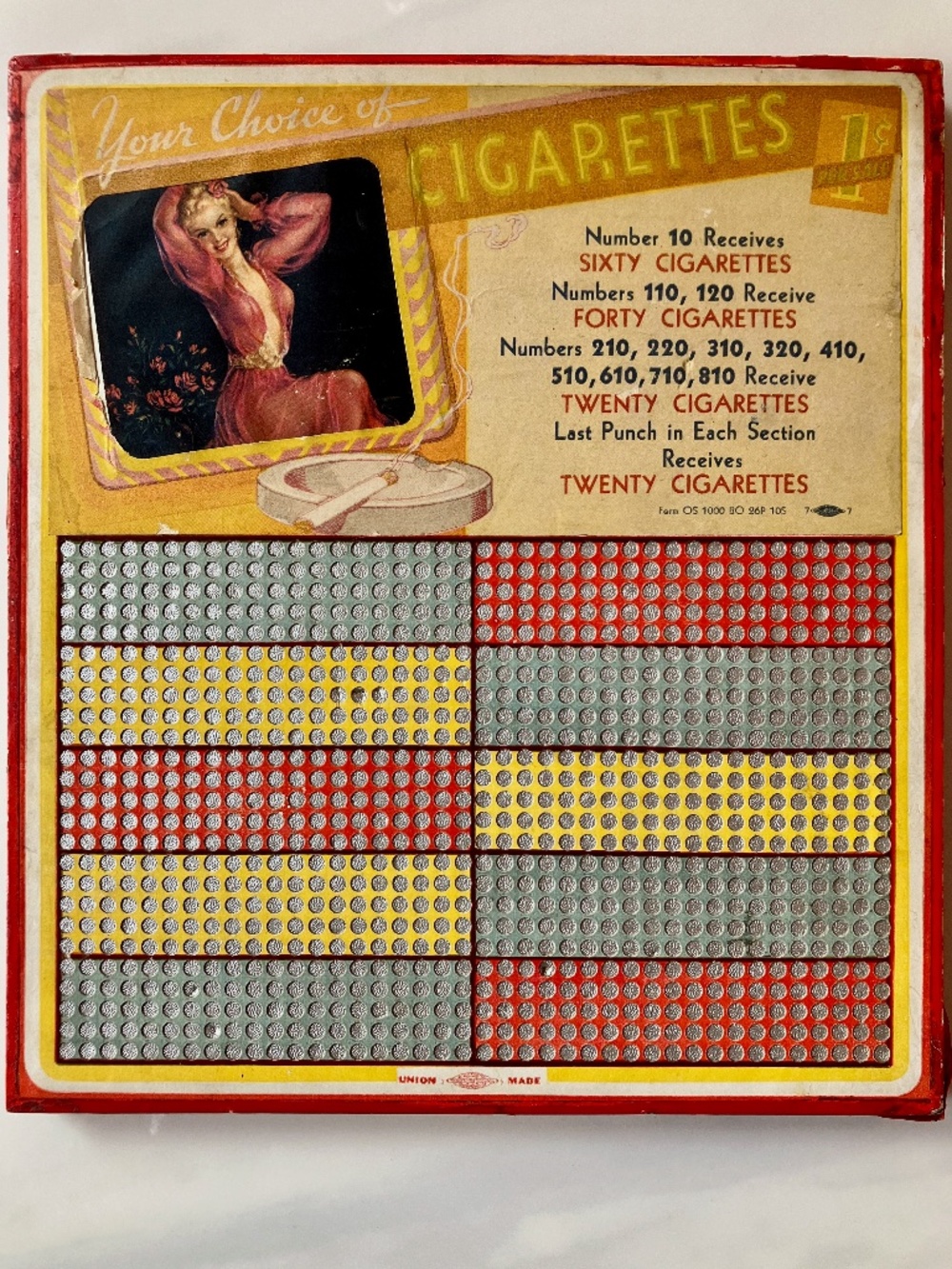 RARE Unused Vintage 30s Pin-up Punchboard Game “Your Choice of Cigarettes” 8 x 1